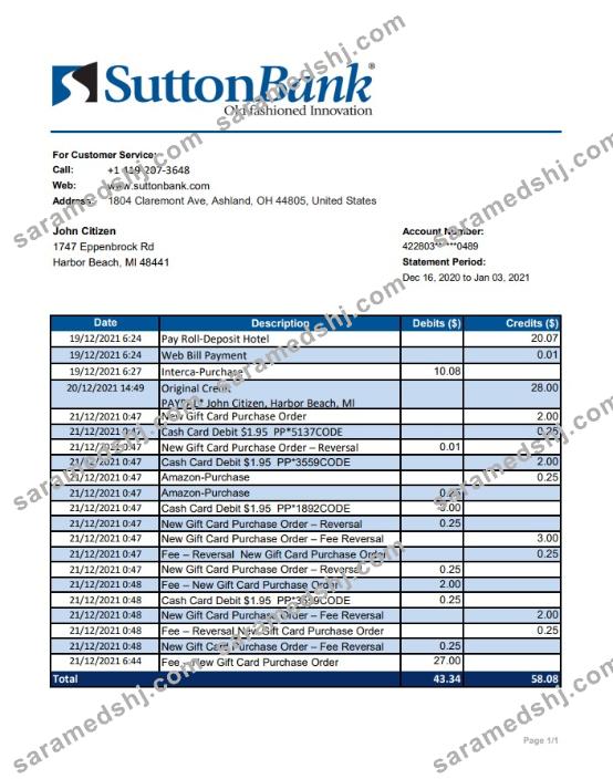 USA Ohio Sutton Bank statement template in .xls and .pdf file format